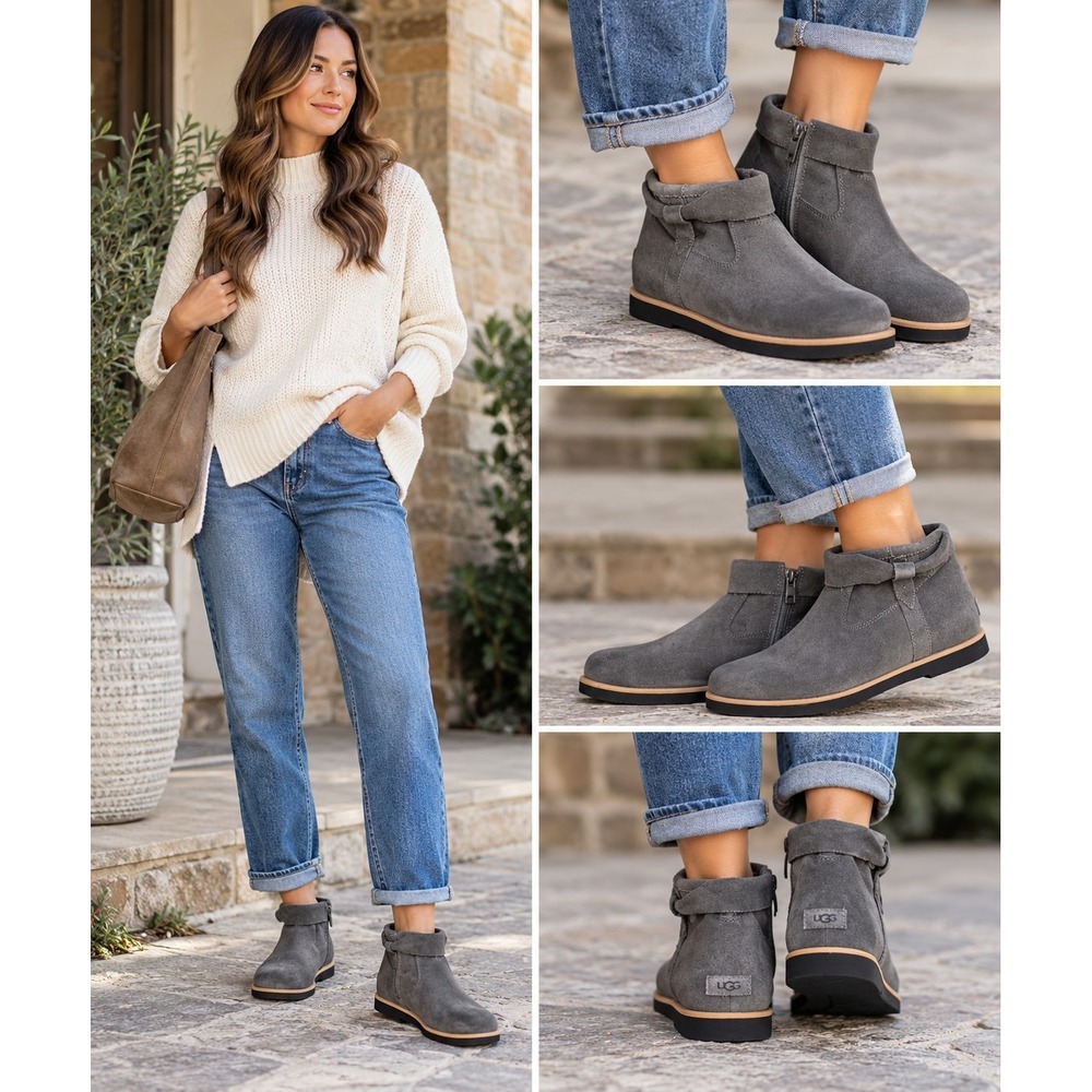 UGG Josefene Cuff Boots Distressed Suede Grey Booties Size 10 Women Casual